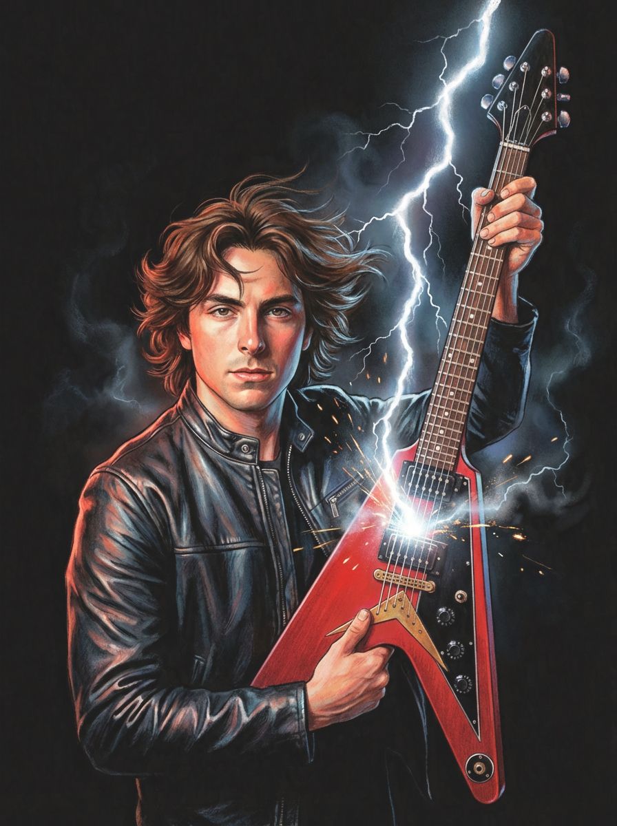 Matthew Kenney holding a red Flying-V guitar under a lightning bolt