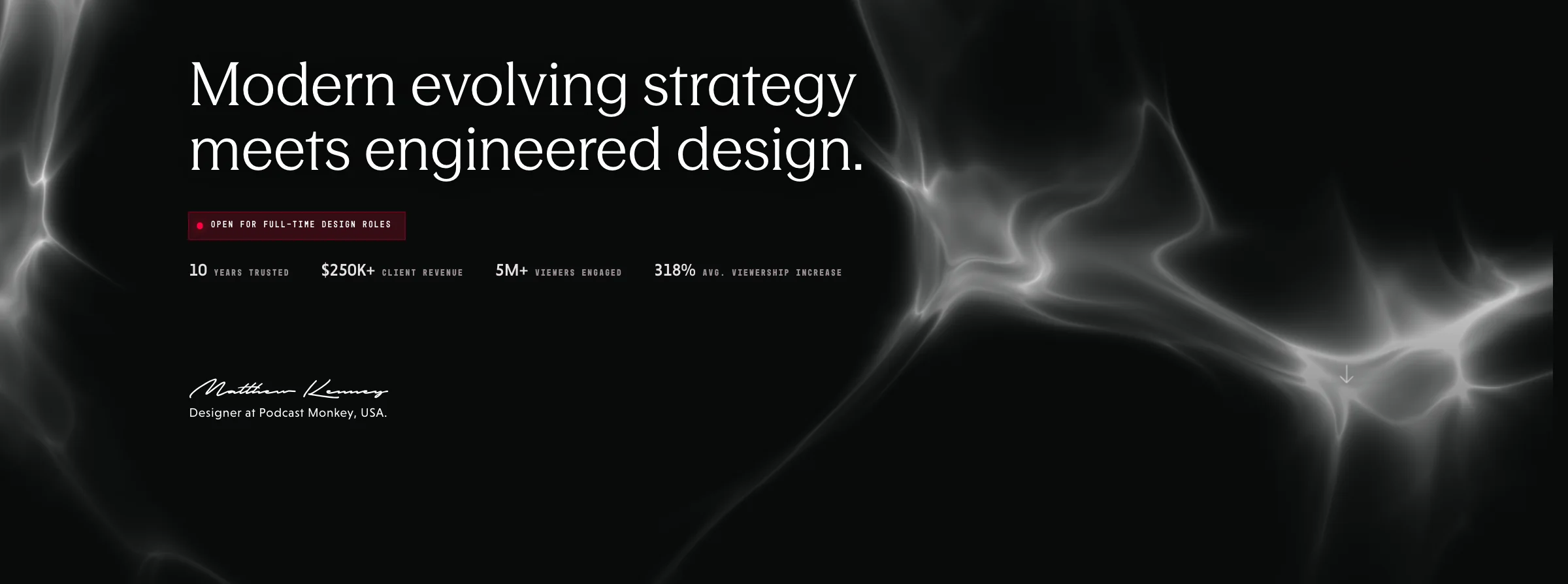This site's own homepage hero — the headline over the smoke shader — captured as the case study's plate.