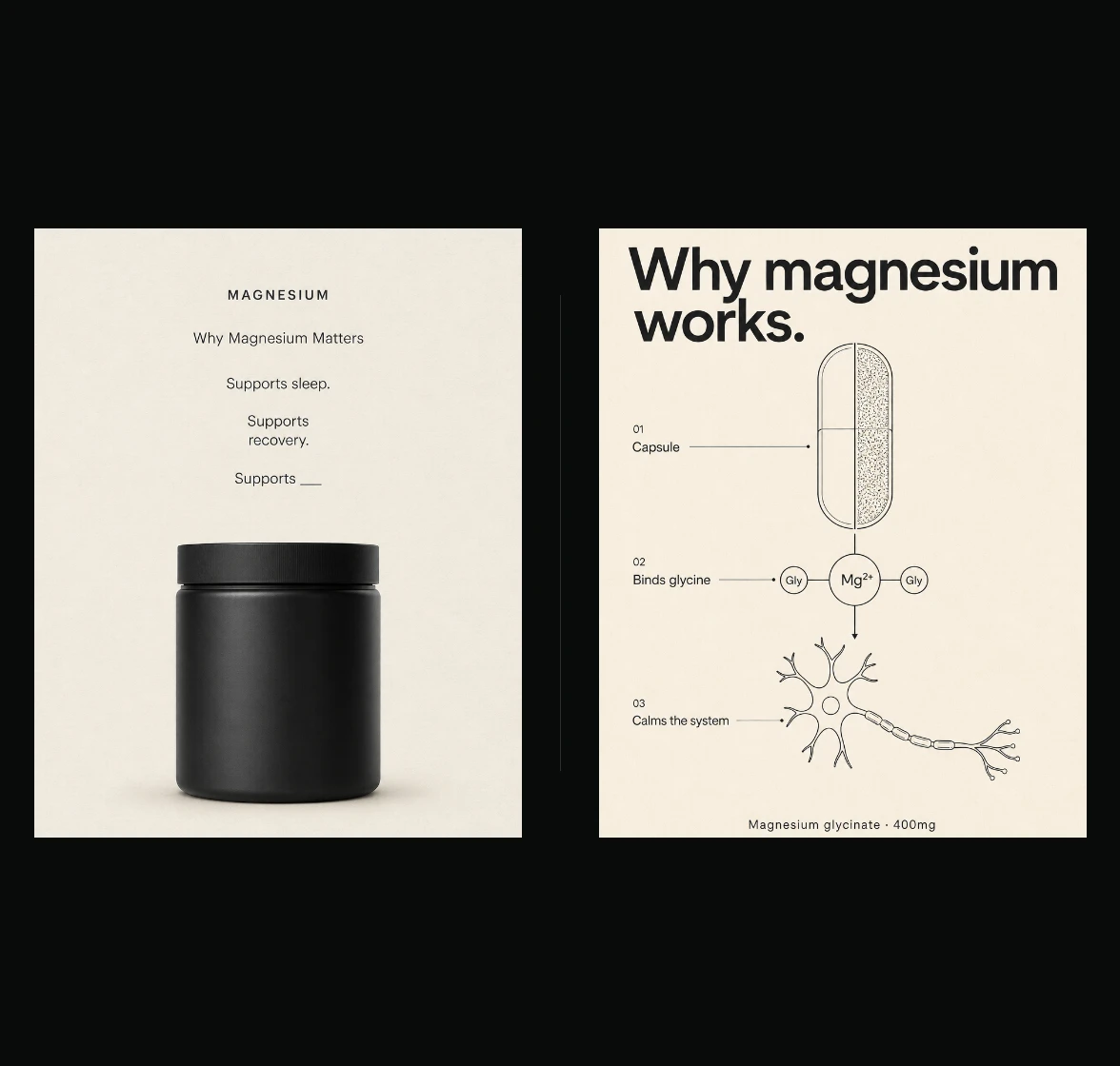 Two reconstructed carousel slides side by side — a timid centred layout where nothing wins, beside a rebuilt slide with an oversized headline and a labelled mechanism diagram.