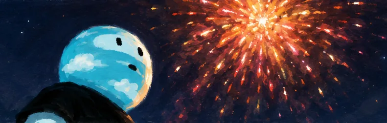 Bitcoin Weirdos still — a painted planet character watching a firework burst across deep space.