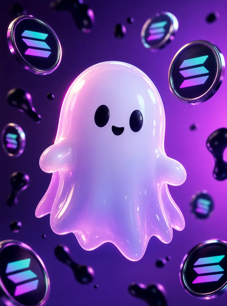 Solpot still — a glossy translucent ghost character floating among Solana coins.