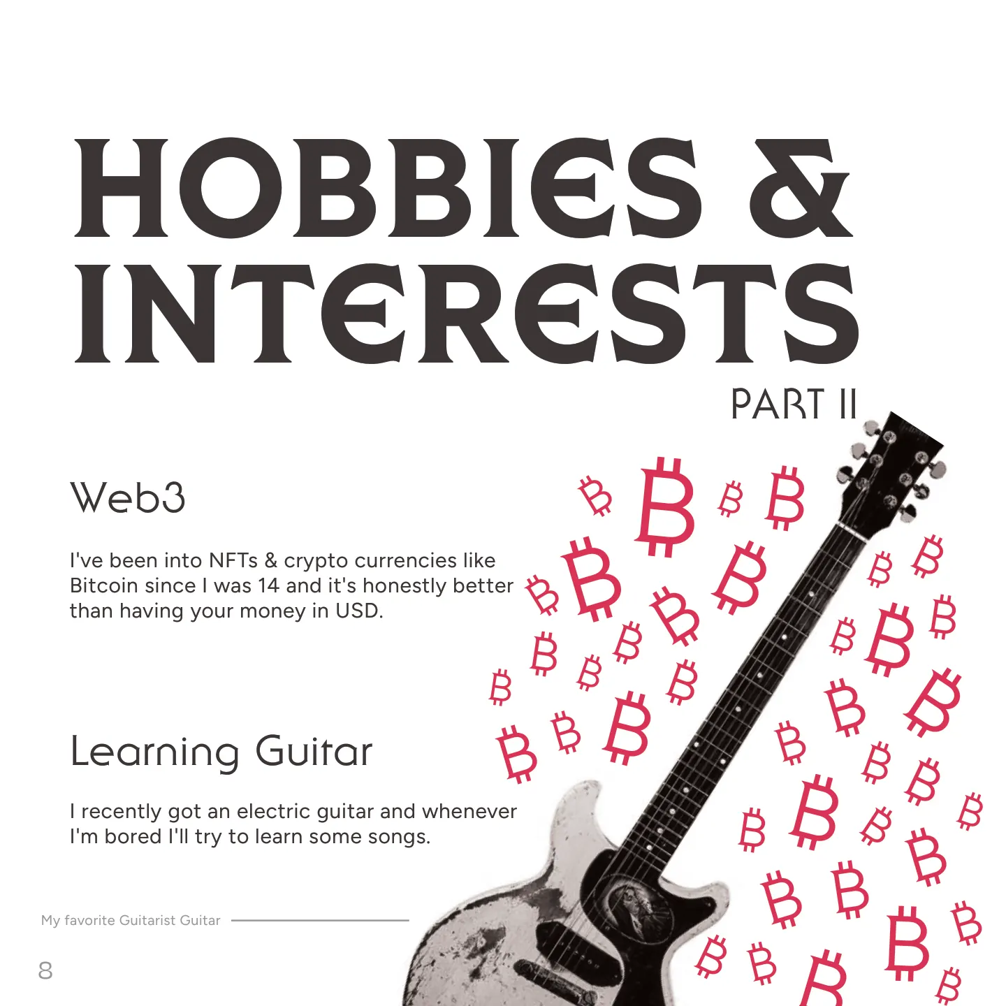 Booklet left page, Hobbies and Interests Part II: Web3 and learning guitar, an electric guitar ringed with Bitcoin symbols