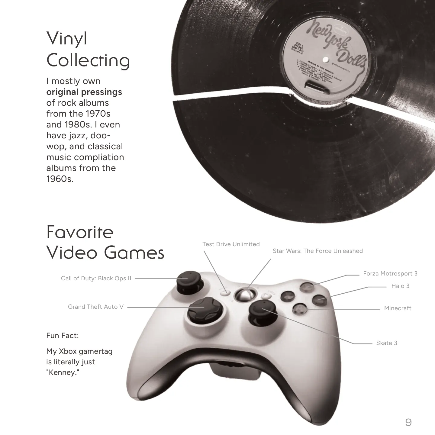 Booklet right page: vinyl collecting and favorite video games, a record and a game controller
