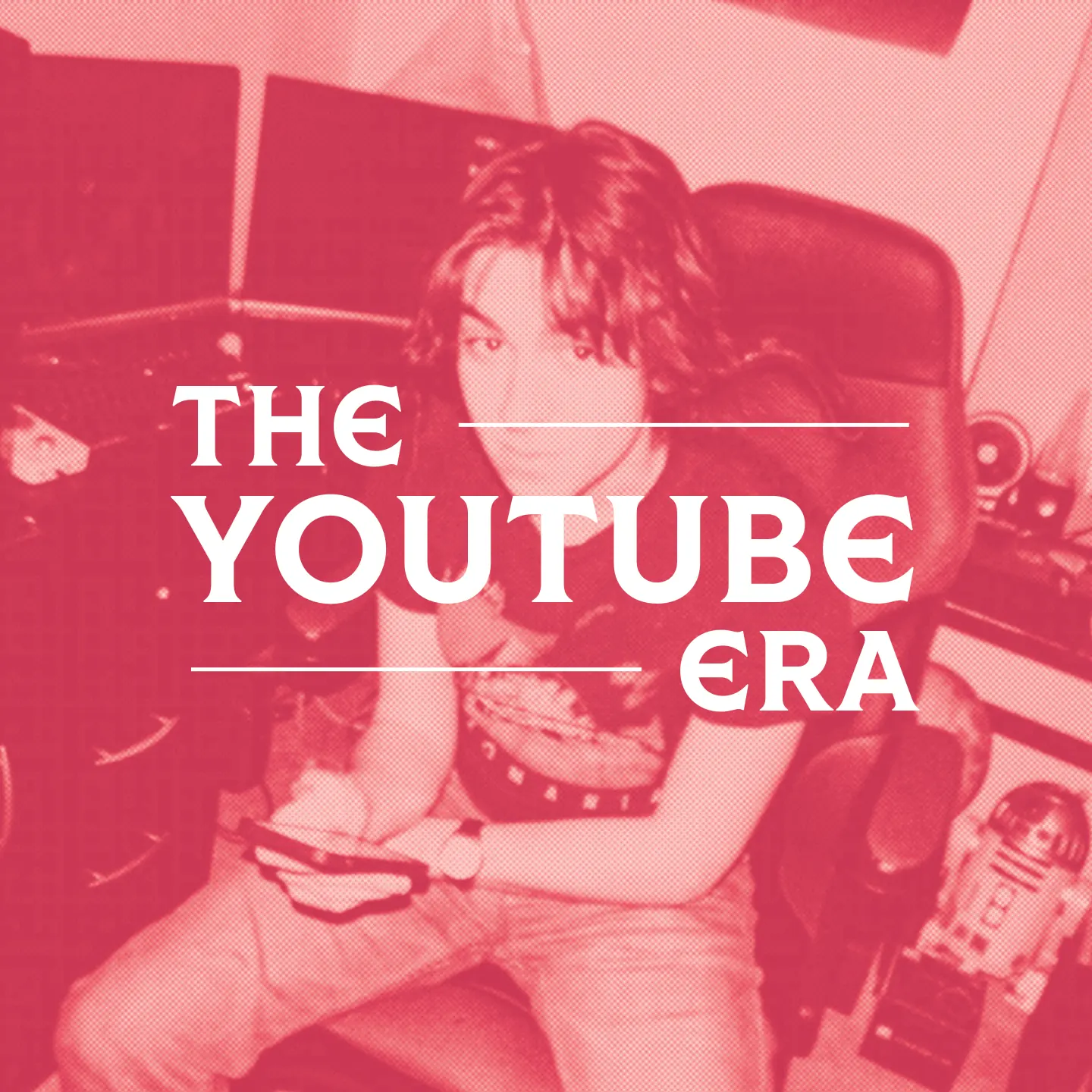 Booklet left page: The YouTube Era, a full-bleed red-duotone photograph