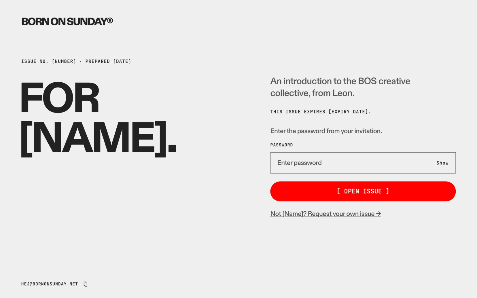 The gated web invitation, addressed For [Name], with a password field and request button.