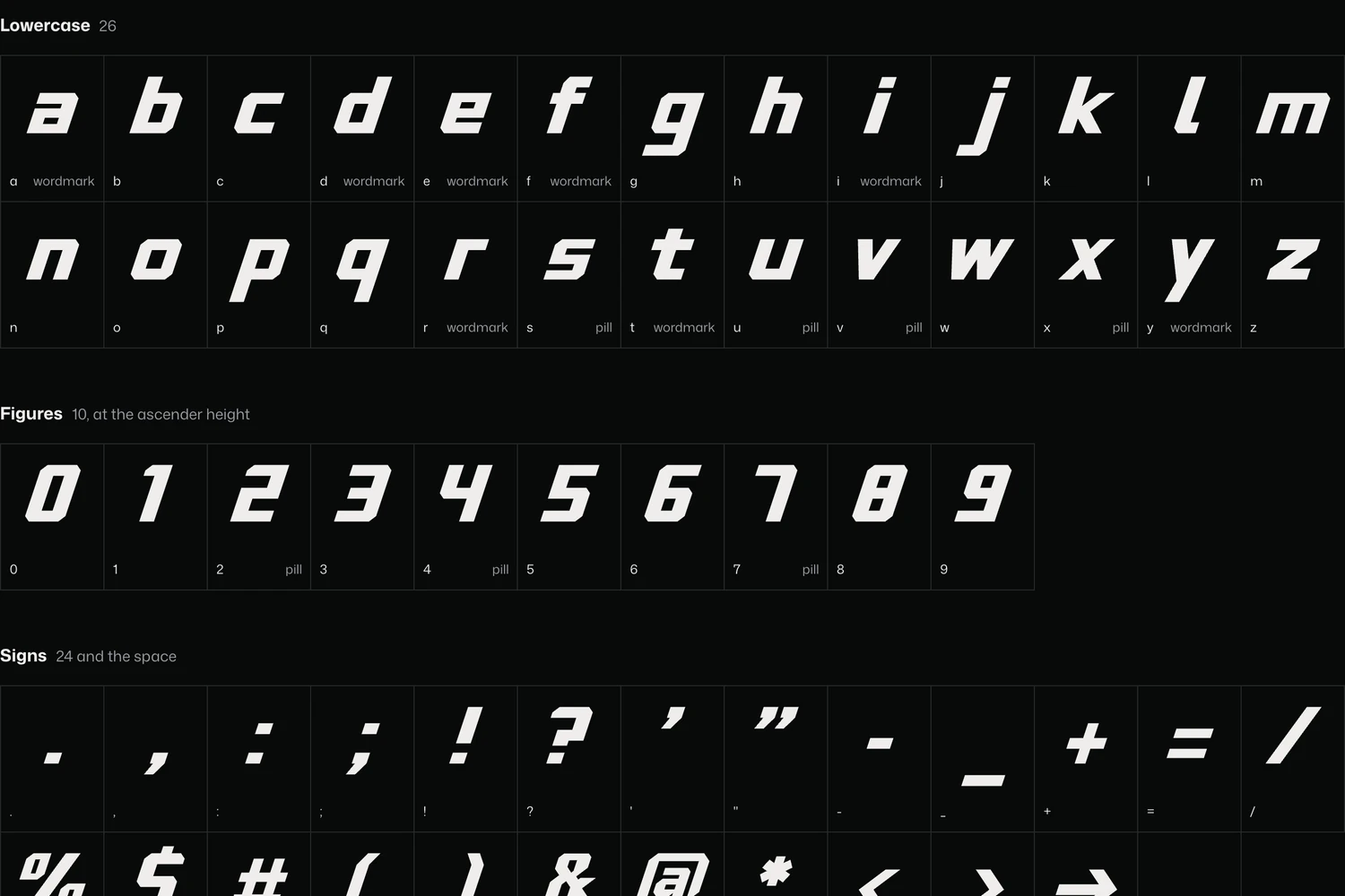 Tradeify Display: lowercase letters, figures and signs drawn on the wordmark’s construction.