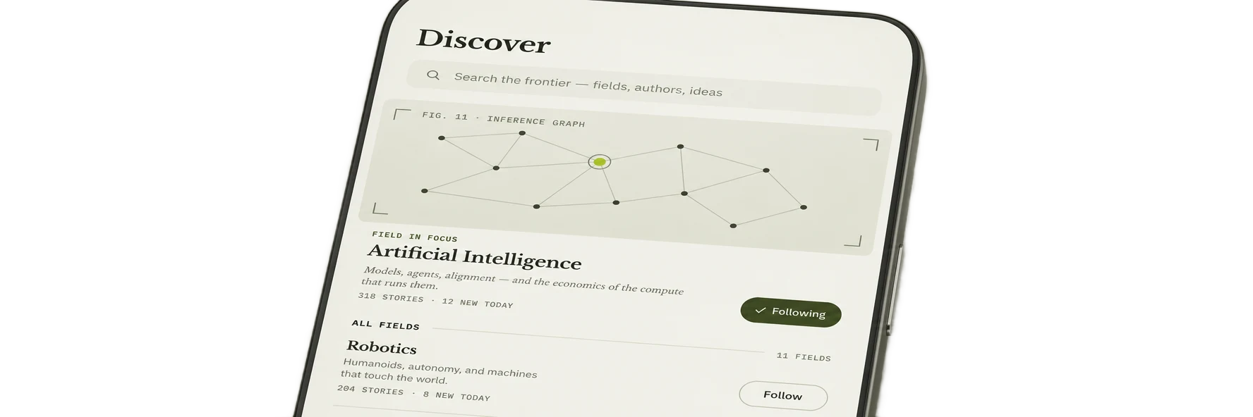 The Proto Daily Discover screen on a phone — search, an inference graph, and field cards for Artificial Intelligence and Robotics.