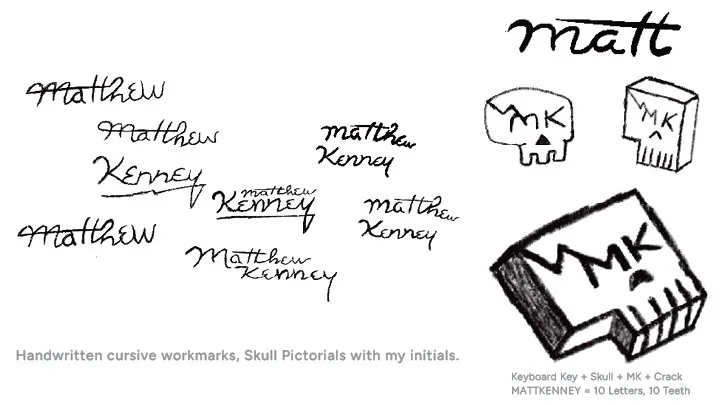 Pencil sketches of the skull-key mark and cursive wordmarks