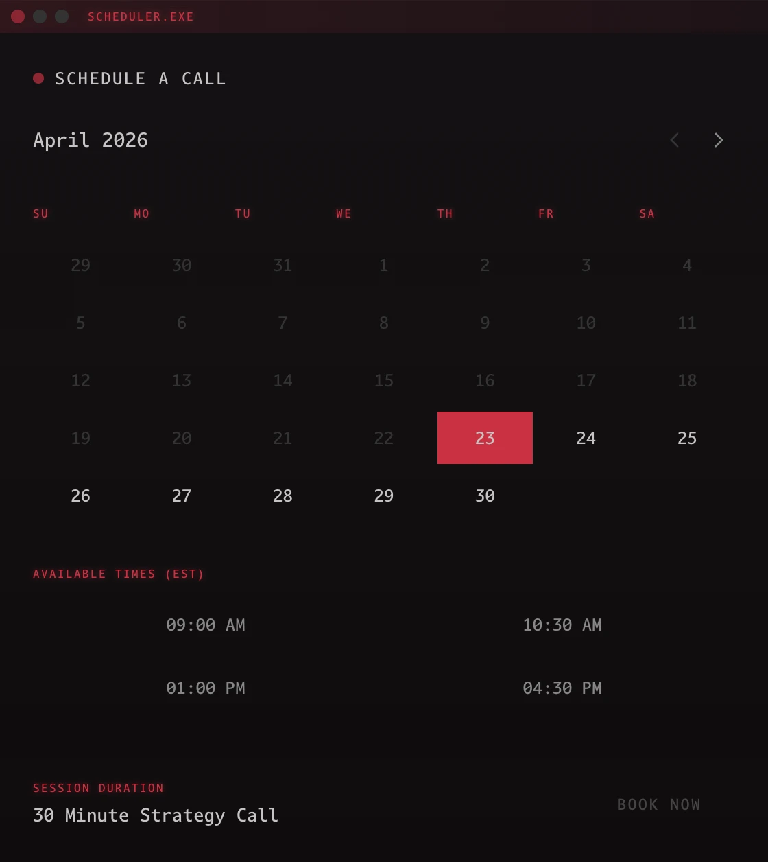 kenneys.net appointments V1: a standard scheduler panel — April 2026 month grid, a list of available times, a Book Now button