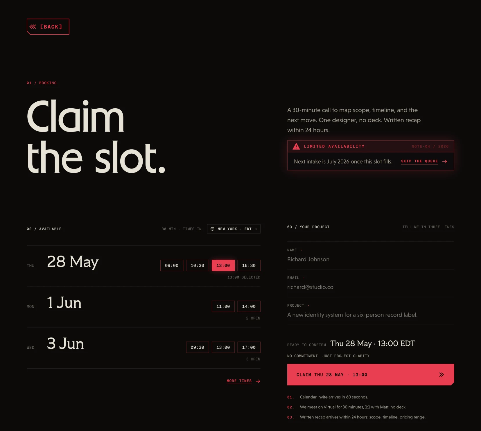 kenneys.net appointments V7: Claim the slot — three dates set as type with time chips, beside a three-line project form