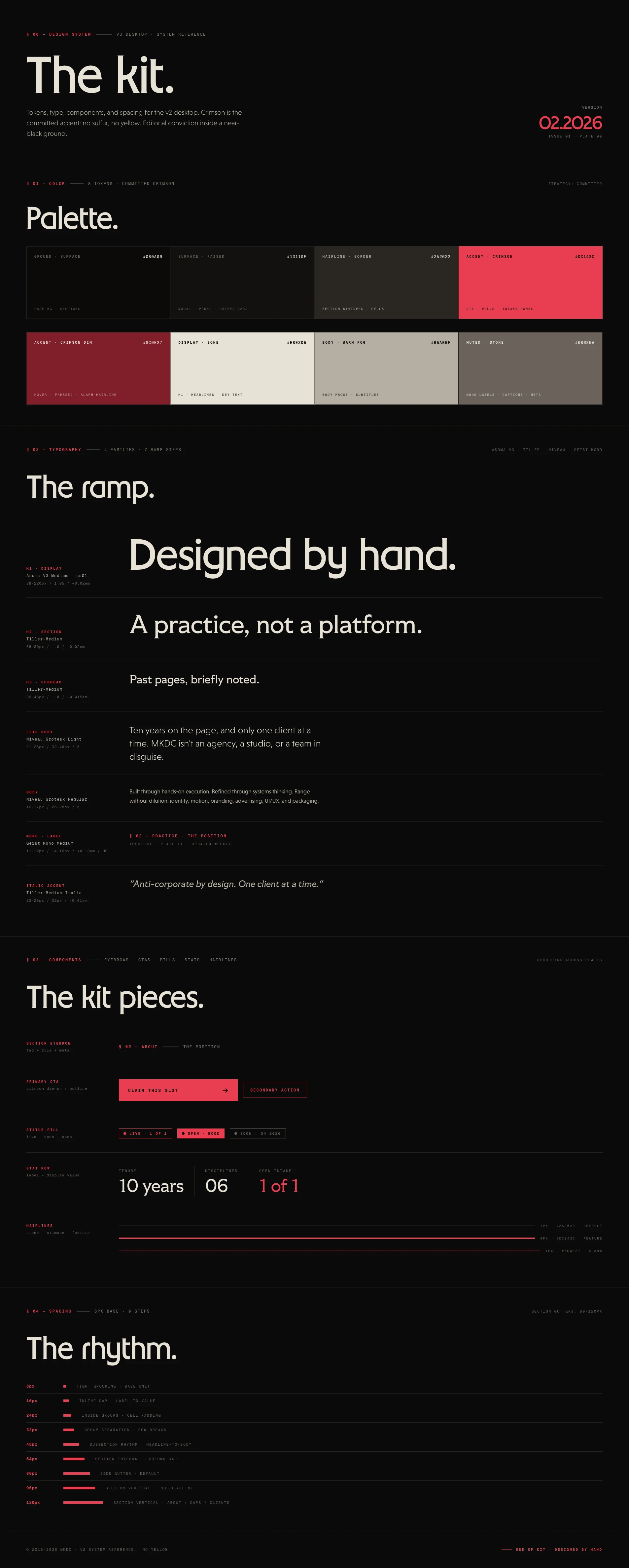kenneys.net V3 design system: The kit header, the eight-token crimson palette, and the type ramp