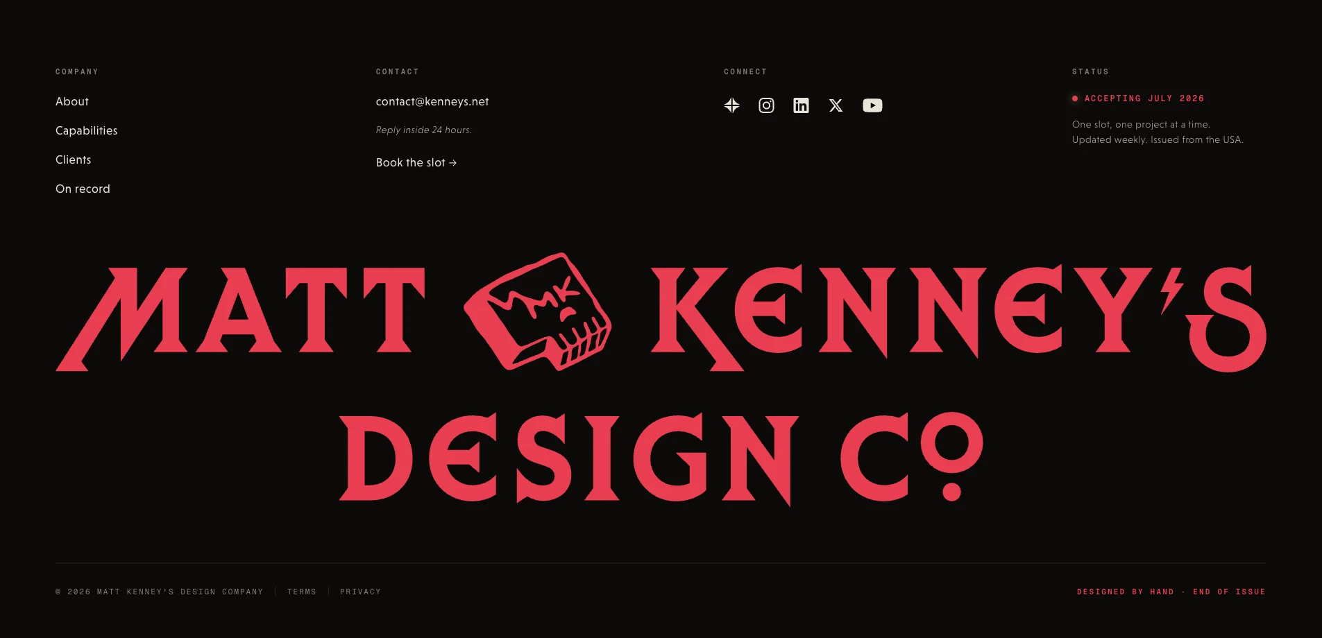 kenneys.net footer: link columns over the heavy-metal Matt Kenney's Design Co. wordmark in crimson, with the skull-key mark
