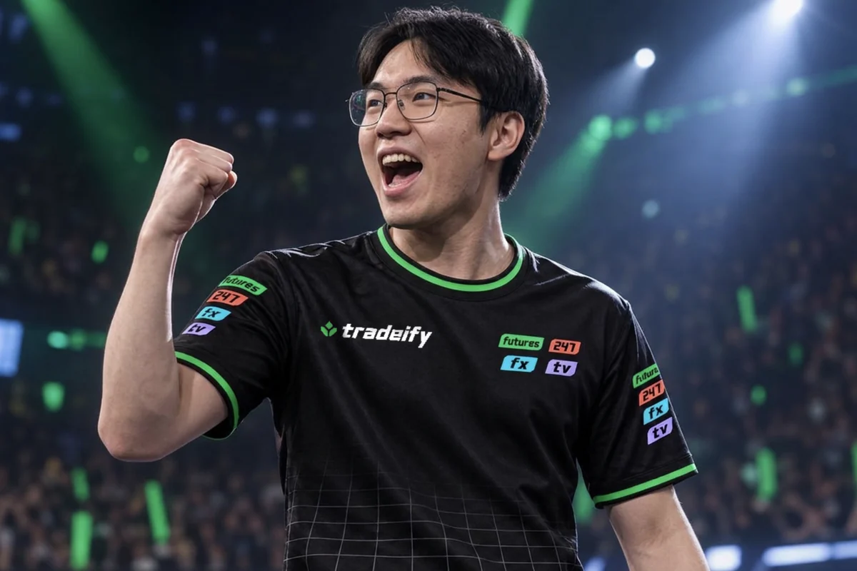 A generated image of an invented player in the jersey on an arena stage